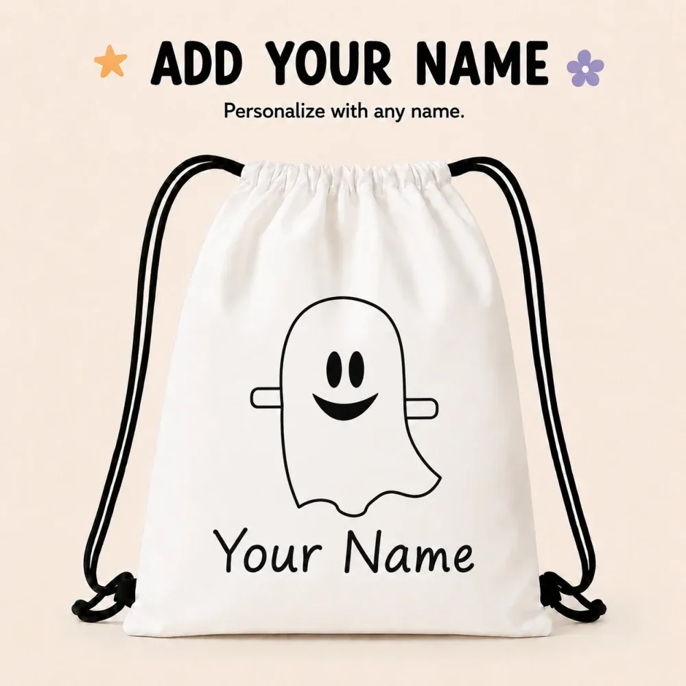 sac à dos à cordon personnalisé fantôme mignon, sac à bonbons d'halloween pour enfants avec nom personnalisé, sac de truc ou prouve pour enfants, sac cadeau d'halloween