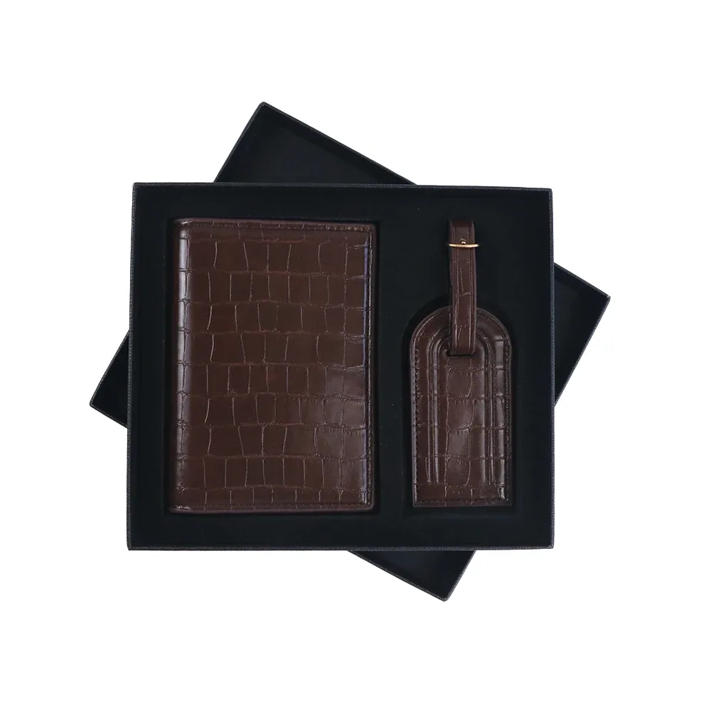 étiquette de bagage personnalisée en cuir pu motif peau de crocodile + porte-passeport, coffret cadeau, accessoires de sac