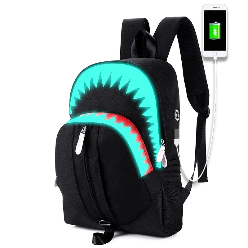 sac à dos de mode usb charge nuit lumineux requin sac à dos pour ordinateur portable étudiants sac de poitrine adolescents sacs d'école sac de voyage