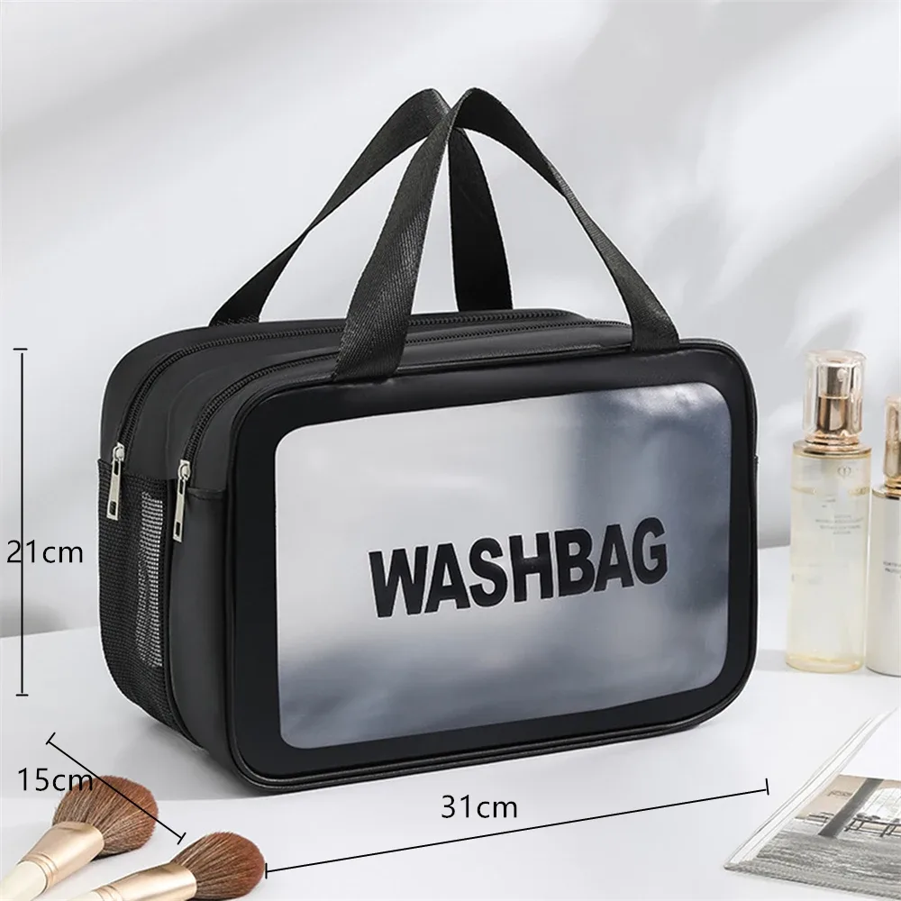 trousse de maquillage portable grande capacité tendance ; sac de toilette double couche givré séparation sec/humide ; sac de rangement de voyage multifonctionnel