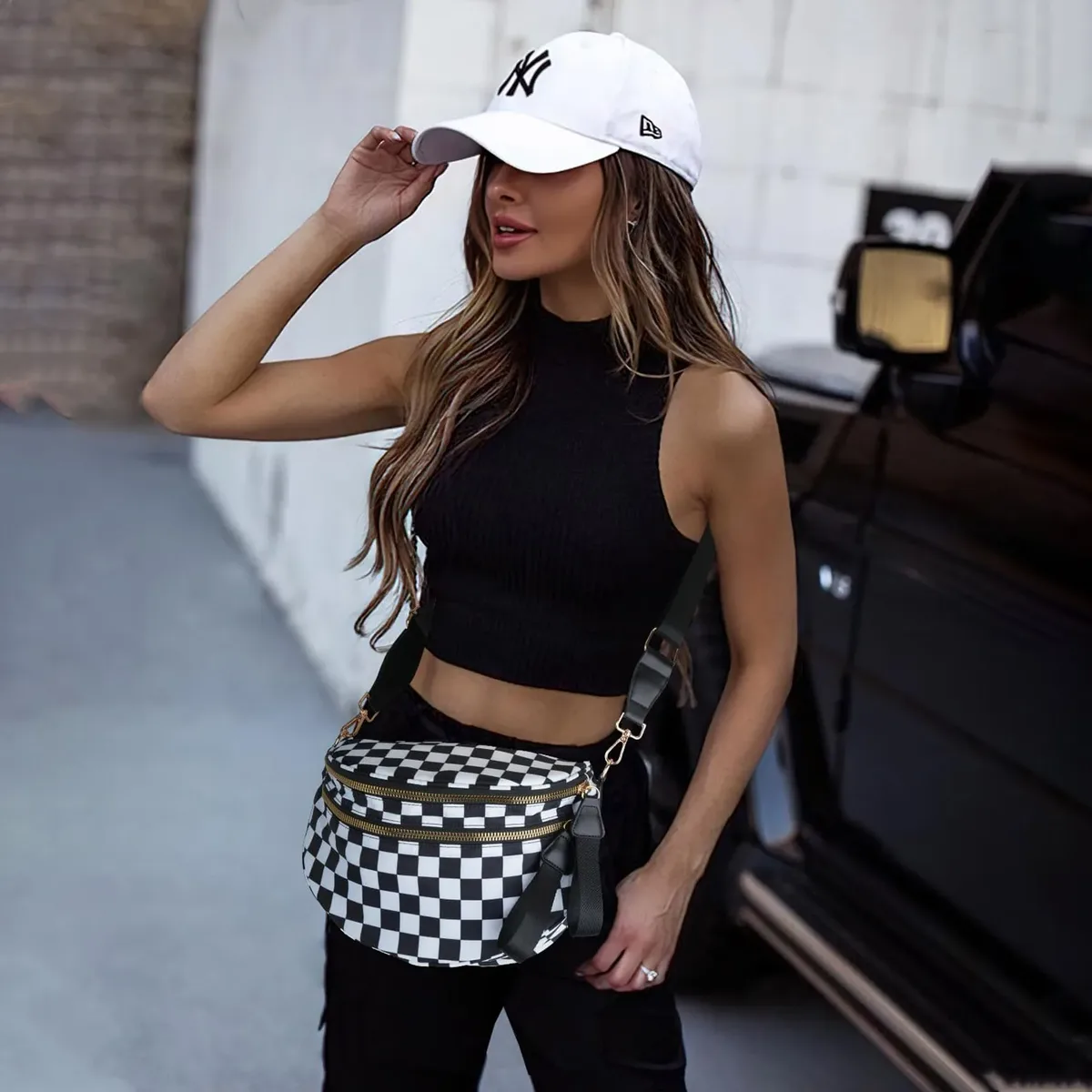 doyogi noir et blanc à carreaux spacieux bum sac sacs à bandoulière pour femmes en nylon essentiels de voyage sac de maman sac à couches pour maman