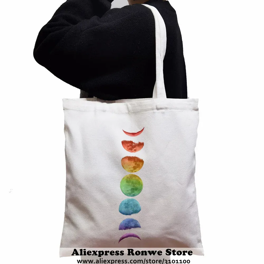 sac fourre-tout en toile de grande capacité pour femmes, sacs à main noirs pour étudiants initiés, sac à soupe réutilisable, espace féminin, lune, nouveau