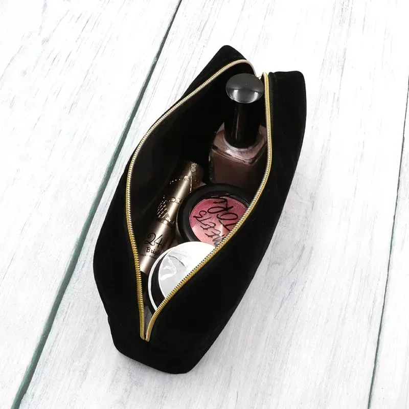 sac de maquillage en velours à fermeture éclair pour femmes, grand sac à cosmétiques de voyage pour maquillage, pochette de maquillage de couleur unie, sac de rangement nécessaire