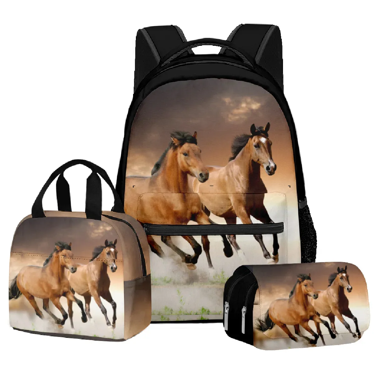 mode nouveauté cool prairie cheval 3d imprimé 3 pièces/ensemble étudiant sacs d'école ordinateur portable sac à dos sac à déjeuner sac à crayons