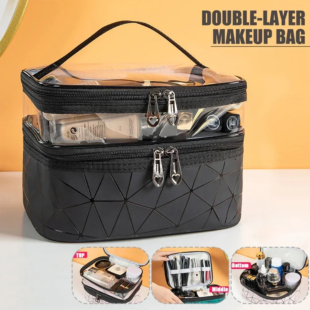 Sac de maquillage portable double couche grande capacité, trousse de toilette étanche de voyage, pochette de rangement portable pour cosmétiques