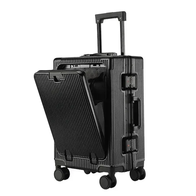 valise à roulettes grande capacité à ouverture frontale, cadre en aluminium, avec porte-gobelets