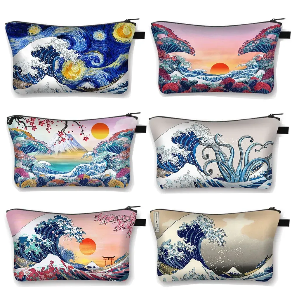 trousse de toilette pour femmes, la grande vague de kanagawa trousse à cosmétiques nuit étoilée sacs mekeup harajuku organisateur cosmétique sac de beauté pour filles