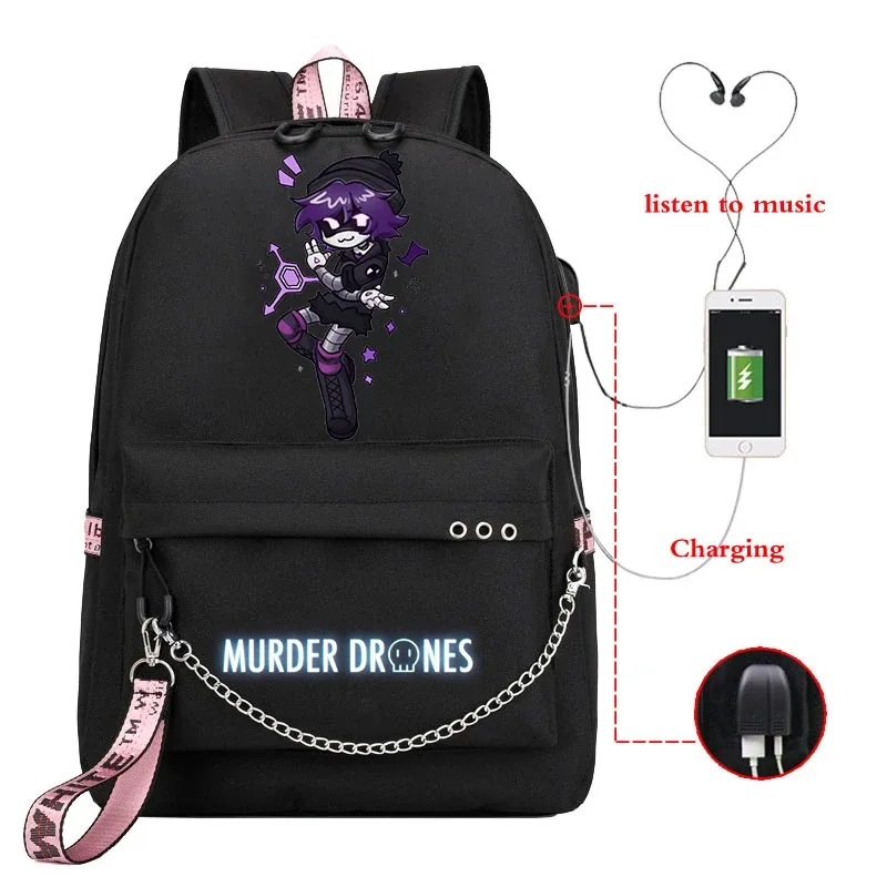 sac dos toile dessin animé personnages colorés logo murder drones chaîne métallique câble usb voyage capacité 20 35 litres