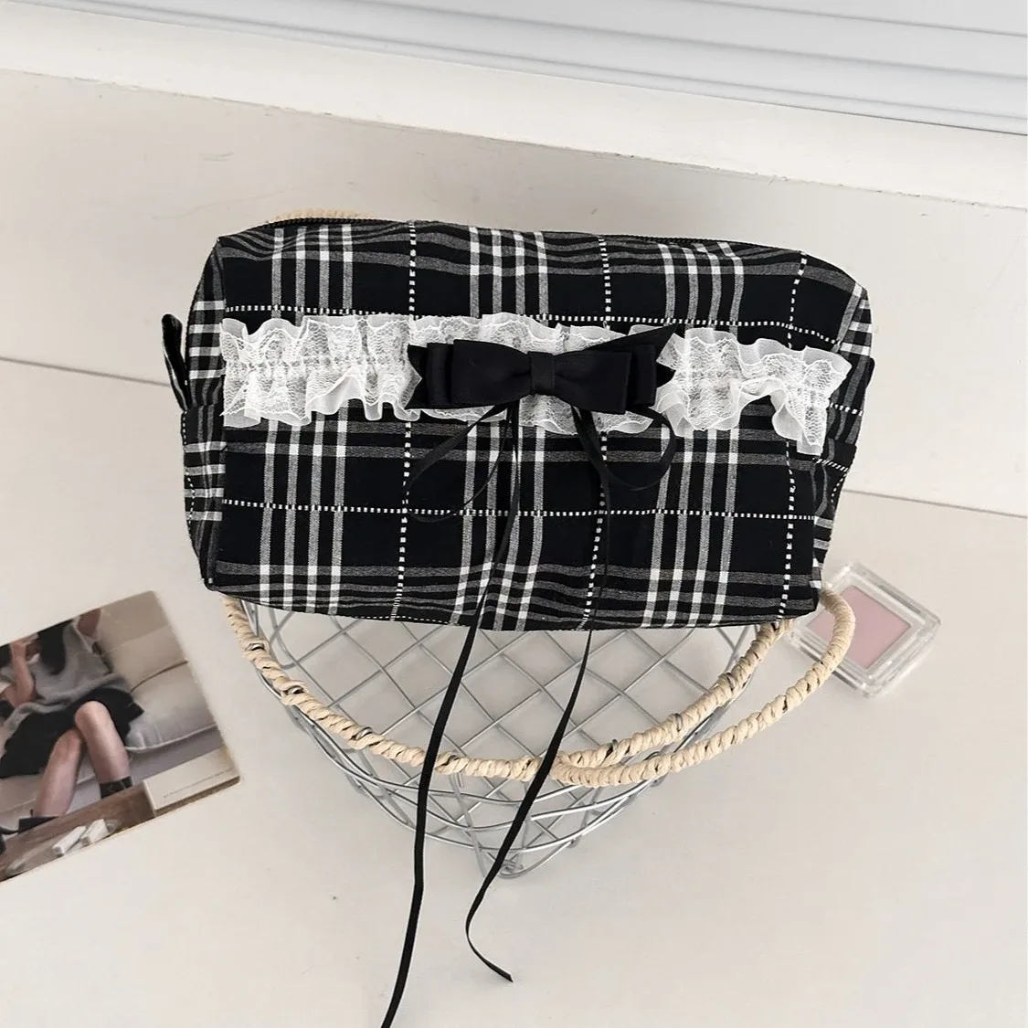 sacs à cosmétiques en toile avec nœud en dentelle pour femmes, pochette portable pour dames, étui de maquillage pour rouge à lèvres, sac de rangement à la mode