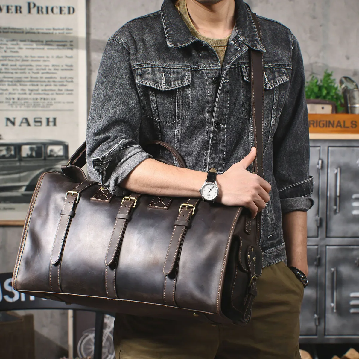 sac de voyage vintage en cuir véritable pour homme, grande capacité, sac de sport en cuir de vachette, style classique, sac de week-end, sac de nuit
