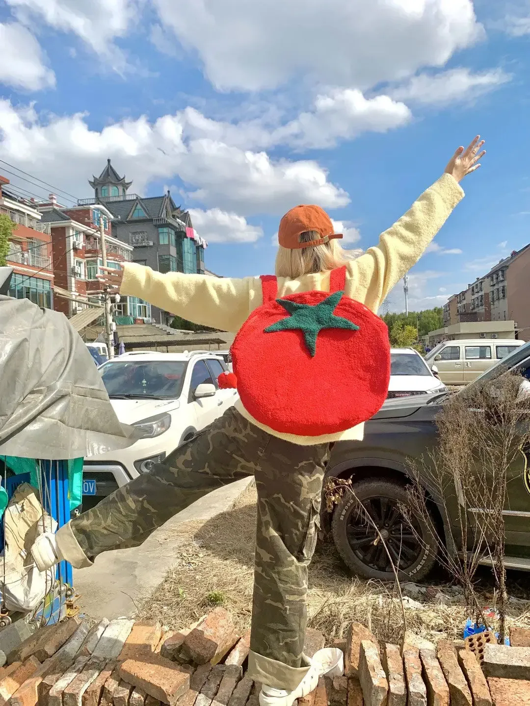 sac à dos en forme de tomate unisexe, sac à dos à fourrure haute capacité, style de rue coréen, doux et à la mode