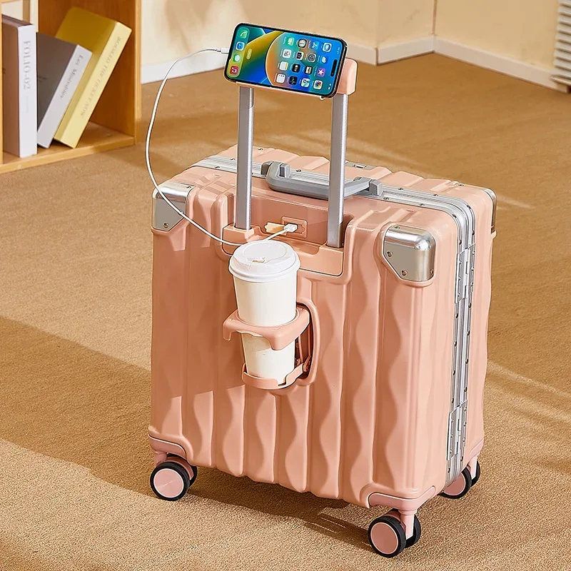 valise 18 "20" mot de passe boîtier de chariot valise cabine de voyage petit bagage avec porte-gobelet usb support pour téléphone valise bagage de voyage
