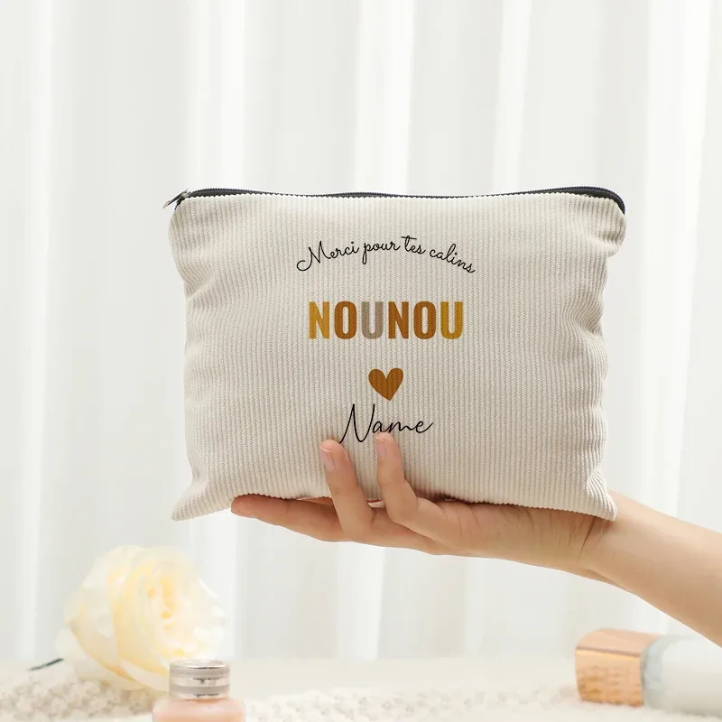 sac de maquillage personnalisé avec nom, lettres fleuries, motifs nounou, pochettes de toilette de voyage, nounou mère femmes, cadeau de remerciement de noël