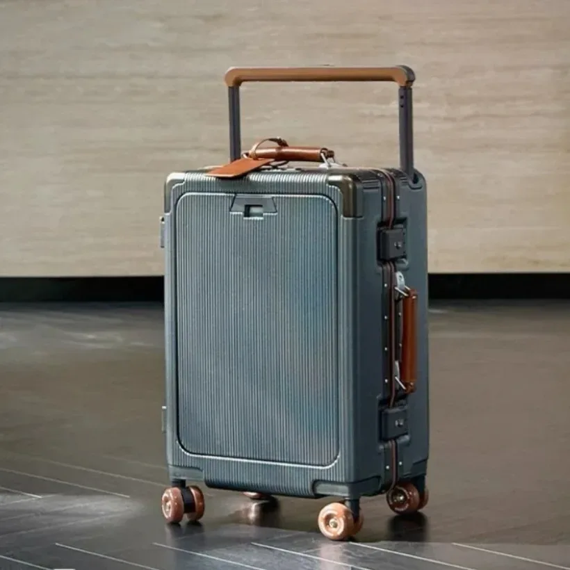 valise à roulettes de poche à ouverture avant, cadre en aluminium, valise à roulettes à poignée large avec roues silencieuses colorées et prise de chargement usb
