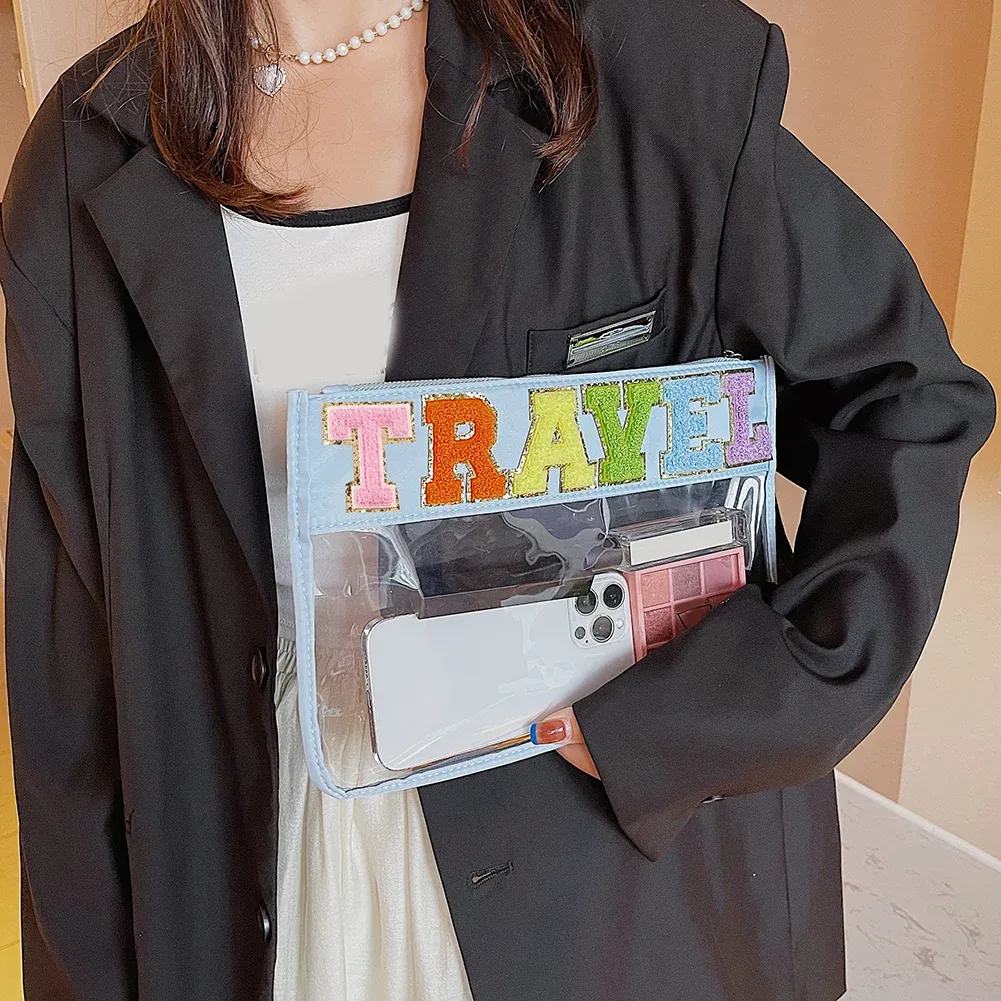 sac à cosmétiques en pvc transparent avec patchs de lettres, pochette de voyage pour femmes, pochettes de maquillage, trousse de toilette
