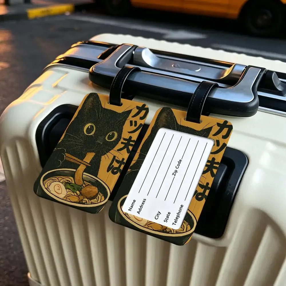 chat japonais mangeant des nouilles, étui pour carte d'information en toile imperméable, étiquette de bagage en pvc, identifiant anti-perte pour valise et sac à main