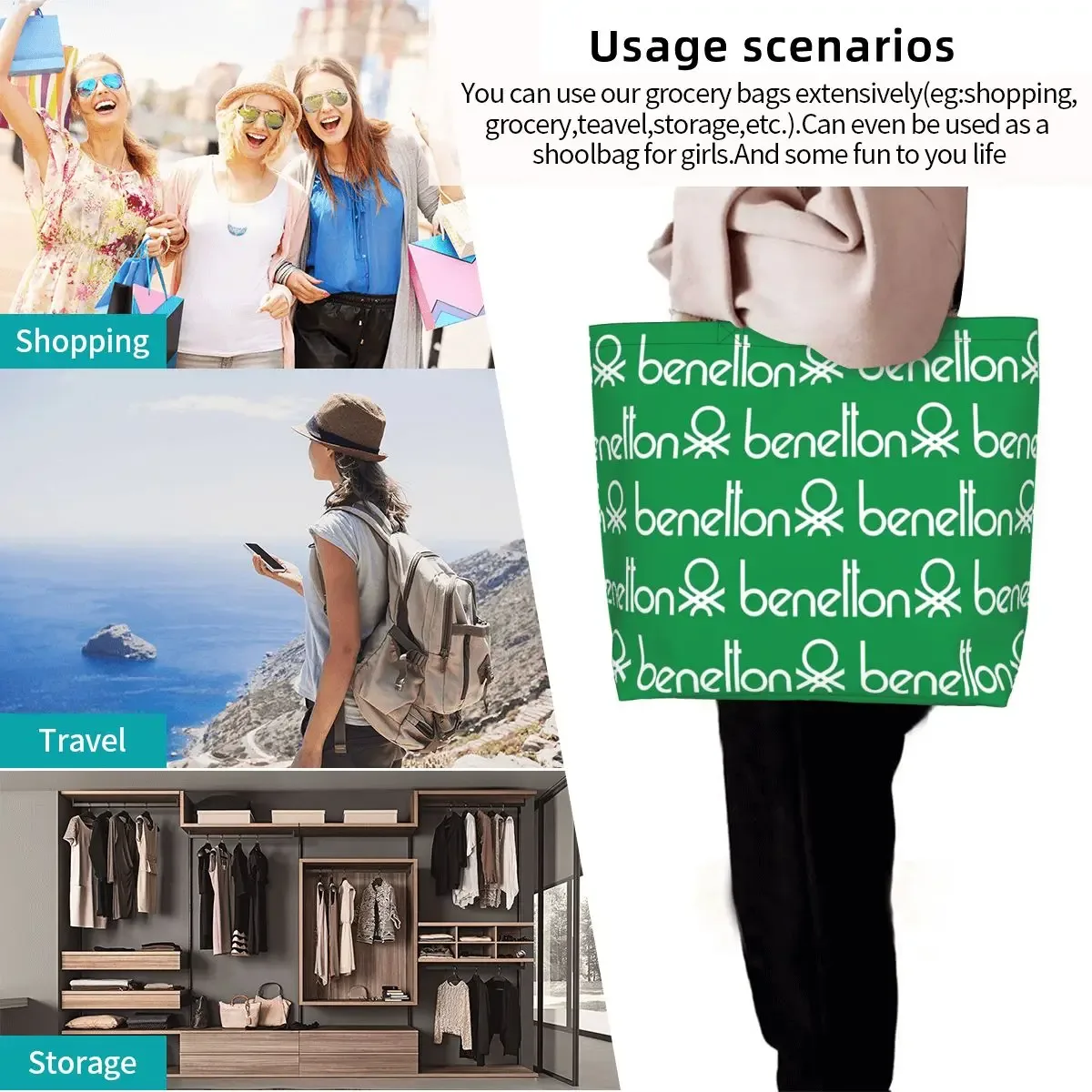 united colors of benetton sac fourre-tout en toile de grande capacité, sac à bandoulière, sac à provisions pour femmes