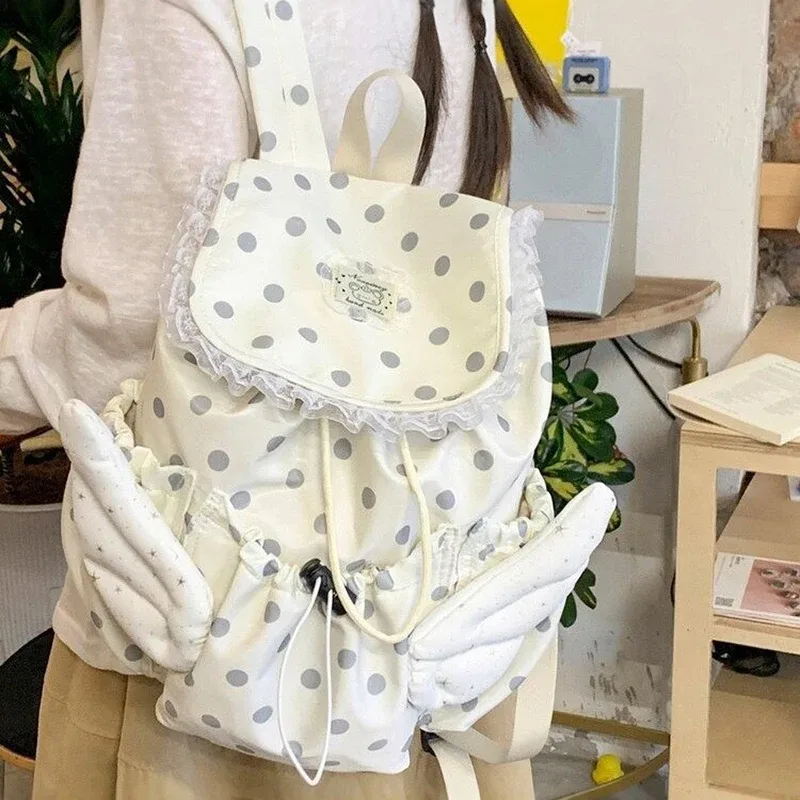 sac à dos mignon à pois avec ailes d'ange, sac à dos à cordon en dentelle, sac d'école kawaii, sac à dos de voyage décontracté, sac à bandoulière tendance