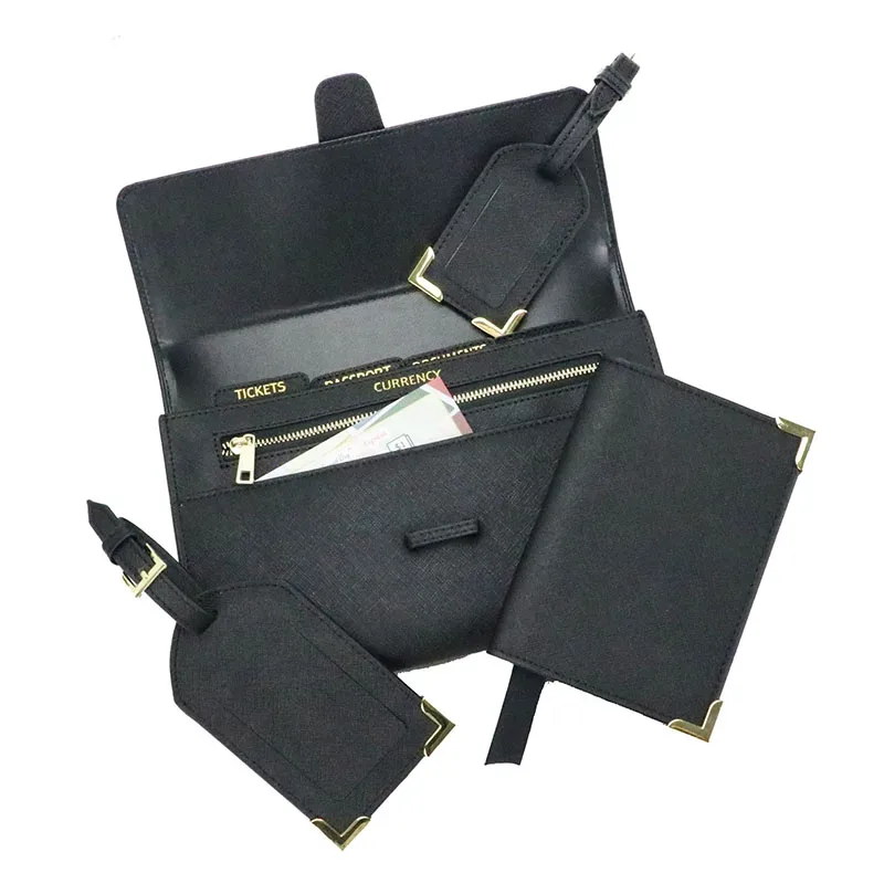 Ensemble de voyage en cuir Saffiano personnalisé avec monogramme, comprenant un porte-passeport en cuir, une étiquette de voyage et un portefeuille de voyage long.