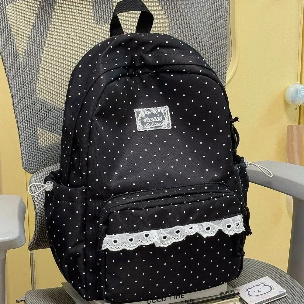 sac à dos de voyage mignon à pois, grande capacité, en nylon, pour étudiants, multi-poches avec dentelle, sac à dos pour ordinateur portable