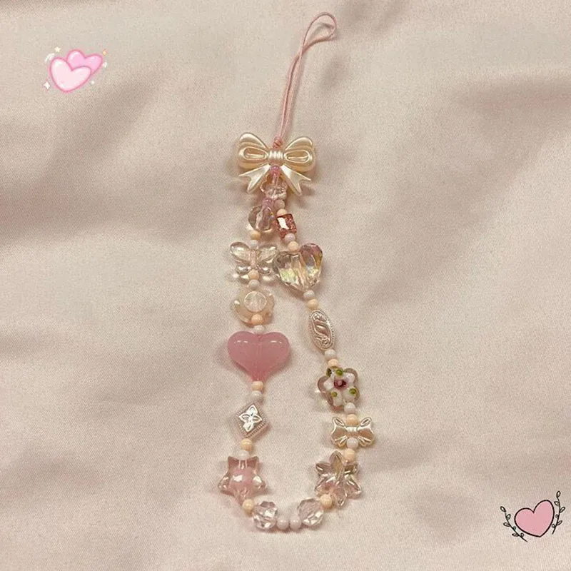 chaîne de téléphone, cordon de sac, porte-clés, breloque de sac à dos, cadeau, version coréenne, avec motifs fleurs de cerisier roses, nœuds d'amour et perles