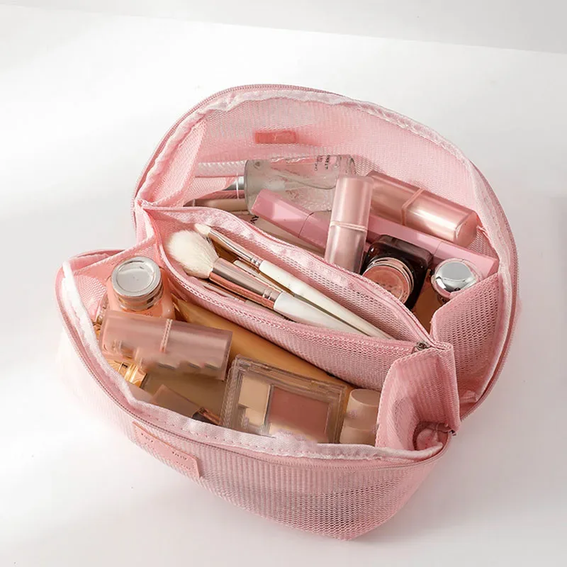 organisateur de toilette transparent de grande capacité, pochette de rangement cosmétique portable pour femmes, sac à maquillage respirant en maille