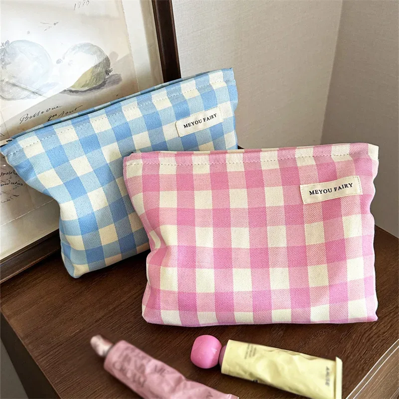 nouvelle trousse de toilette rose et bleue à carreaux, souple, pliable, grande capacité, sac cosmétique à motif écossais, pochette de rangement de maquillage de voyage, portable avec fermeture éclair