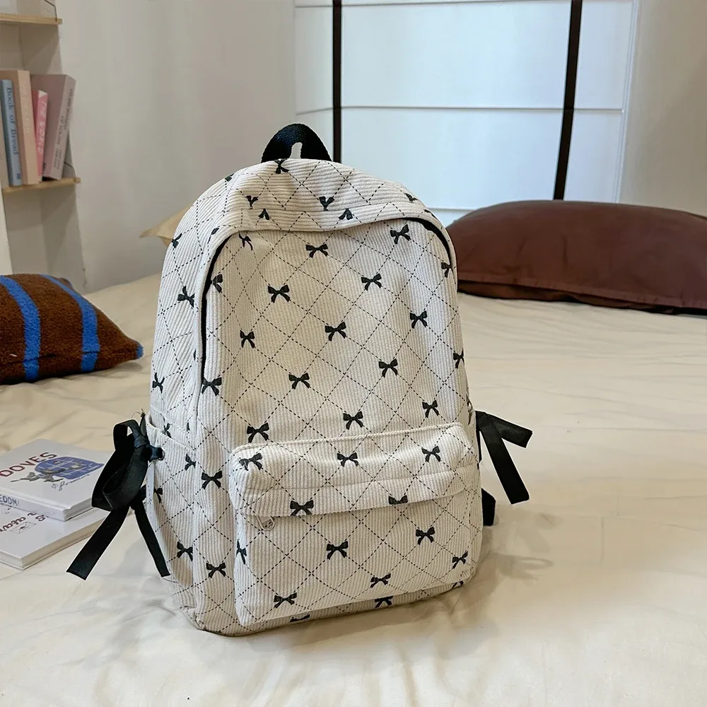 sac à dos à nœud en velours côtelé pour étudiantes, sac à dos polyvalent pour lycéennes et collégiennes