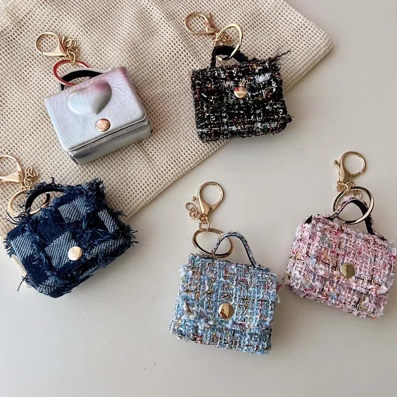 Porte Clés Sac Mini Tweed Bleu Rose Noir Poignée Métallique Dorée Monnaie Écouteurs Accessoire Voyage Compact