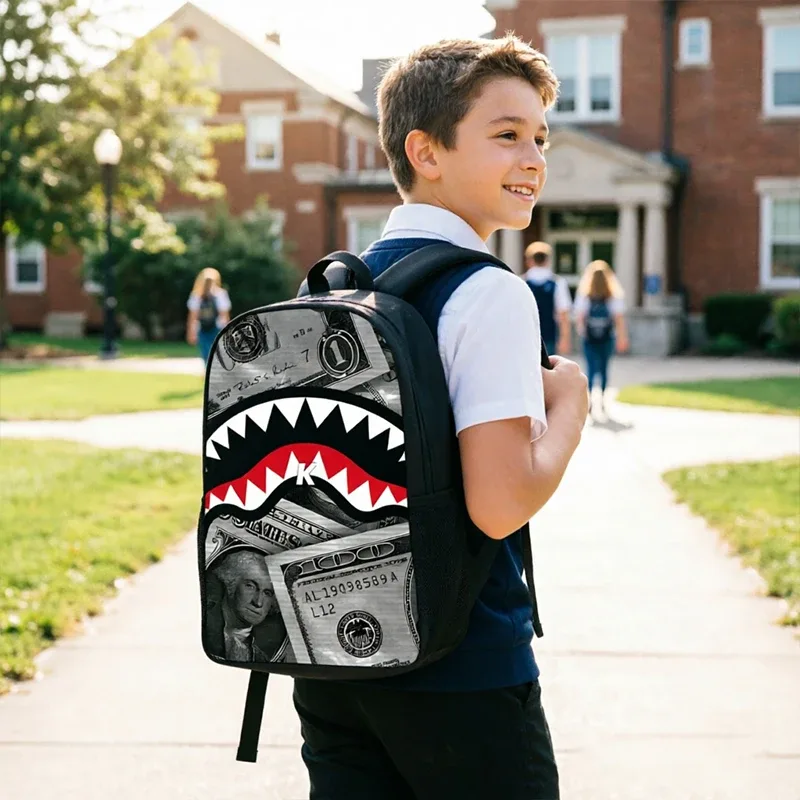 sac à dos tendance avec motif requin, imprimé graffiti et dessin animé, léger et décontracté pour étudiants et voyages
