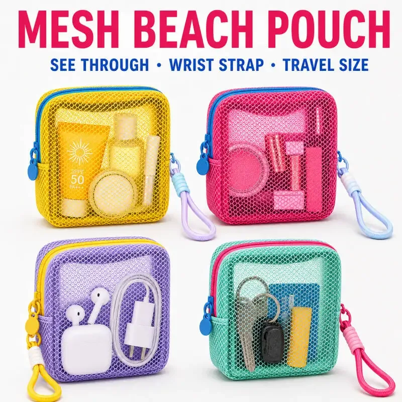 petite pochette de plage en maille transparente, sac à cosmétiques avec sangle de poignet amovible, organisateur de voyage pour crème solaire, clés, câbles