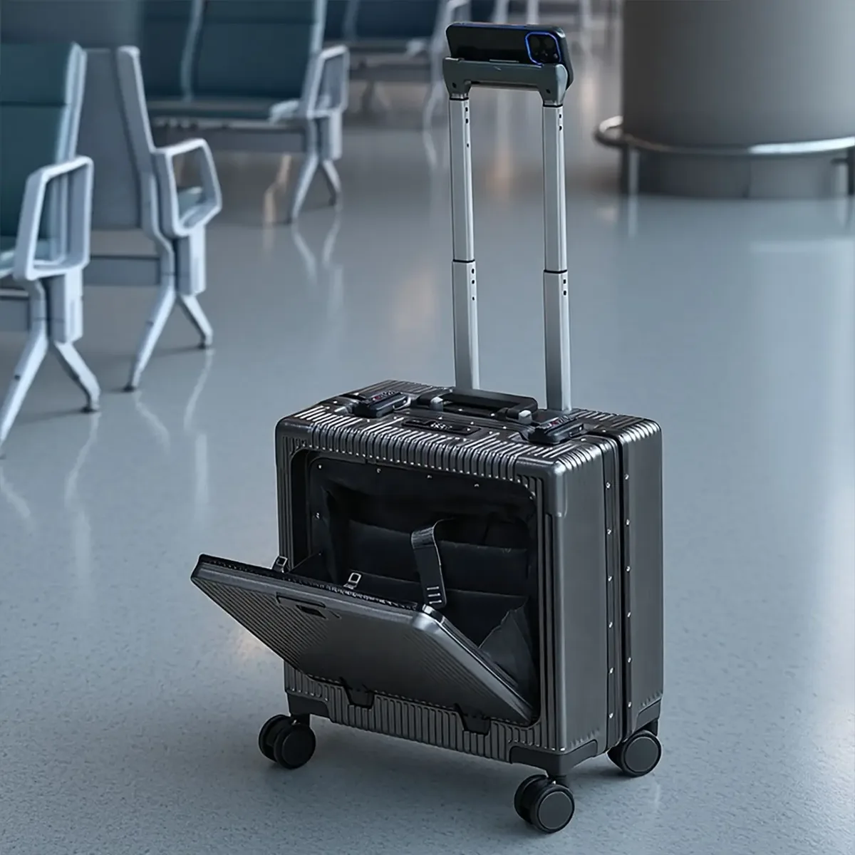 valise de poche à ouverture avant de 18 pouces, cadre en alliage d'aluminium, bagages roulants, sacs de chariot de voyage d'embarquement avec roue rotative