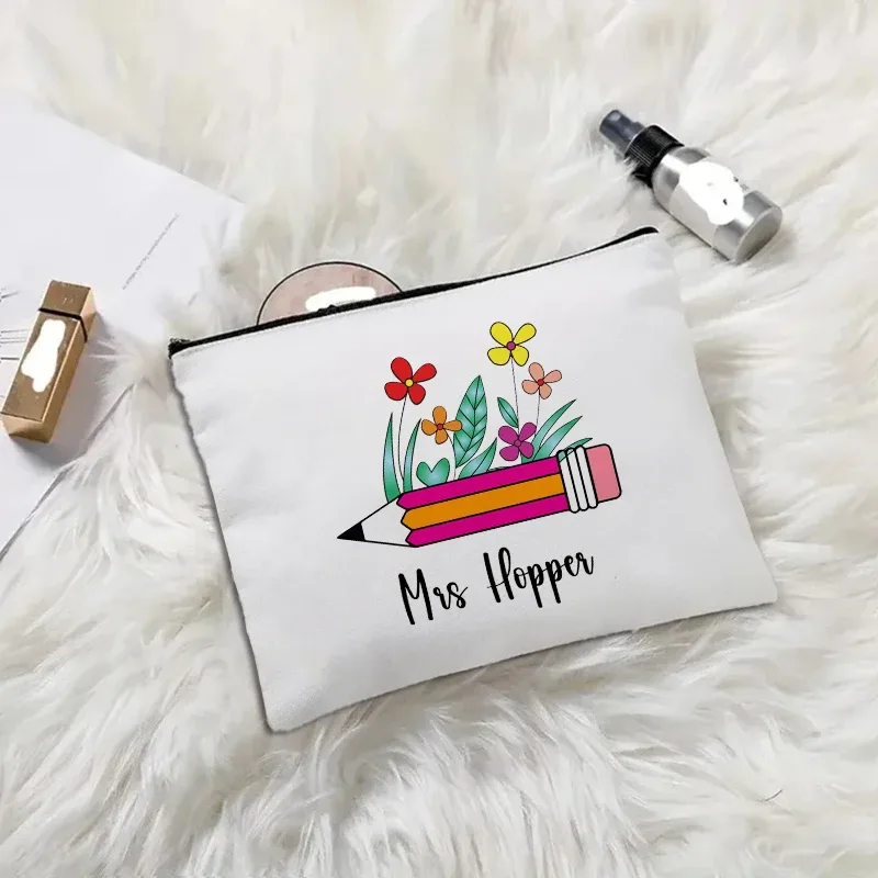 trousse de maquillage en toile "appréciation des enseignants", "aimer enseigner inspirer", pochette cosmétique mignonne avec fermeture éclair, organisateur de toilette portable pour voyage