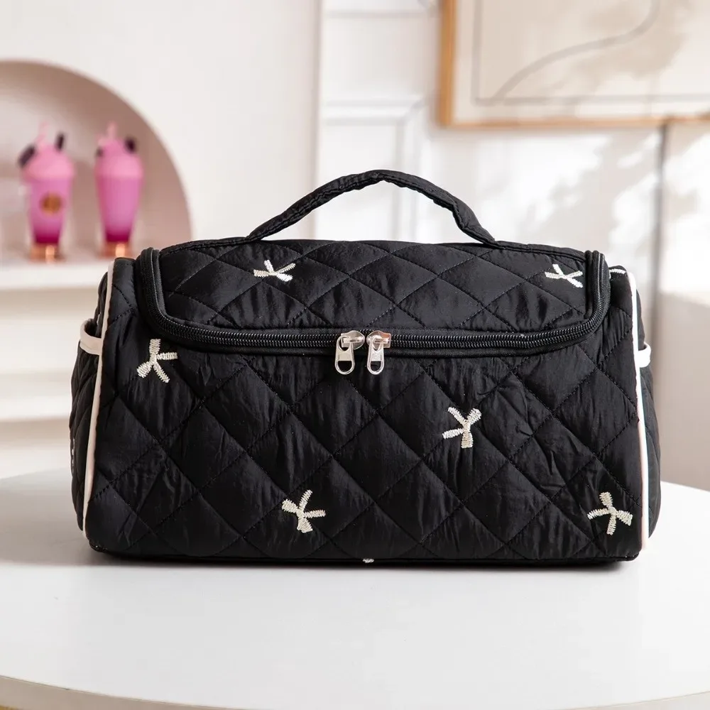 trousse de toilette tendance matelassée, trousse à maquillage portable avec nœud, sac de voyage grande capacité de haute qualité pour sèche-cheveux pour femme