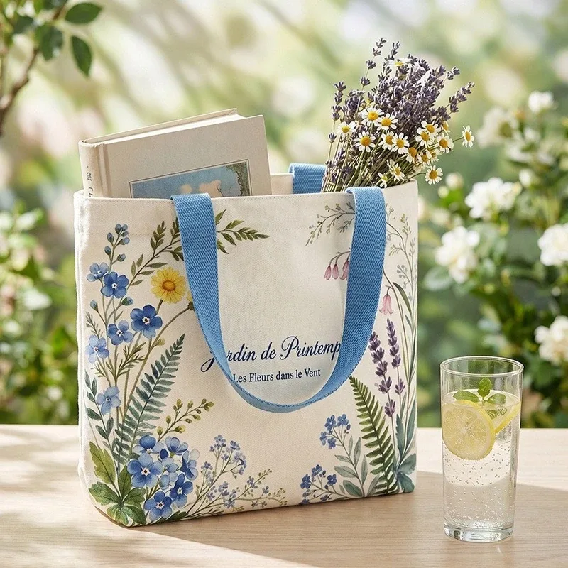 sac fourre-tout en toile à motif floral de jardin printanier français, sac à main botanique à fleurs sauvages, sac à main portable pour le shopping quotidien et le travail pour femmes