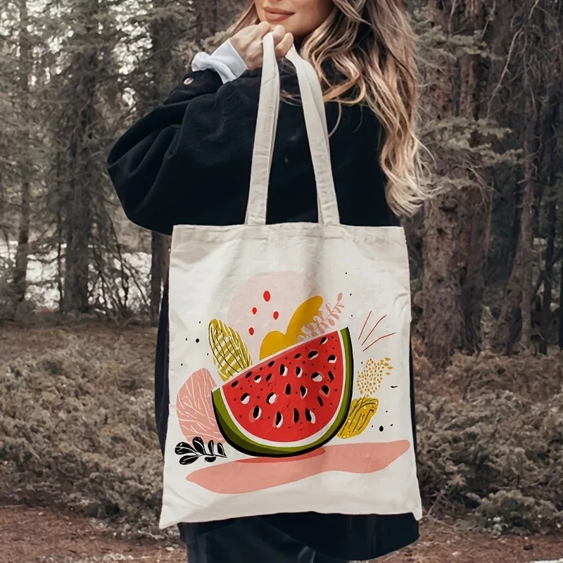 un sac fourre-tout imprimé pastèque, sac de shopping réutilisable, adapté aux trajets quotidiens, aux voyages à la plage et aux courses, pastèque