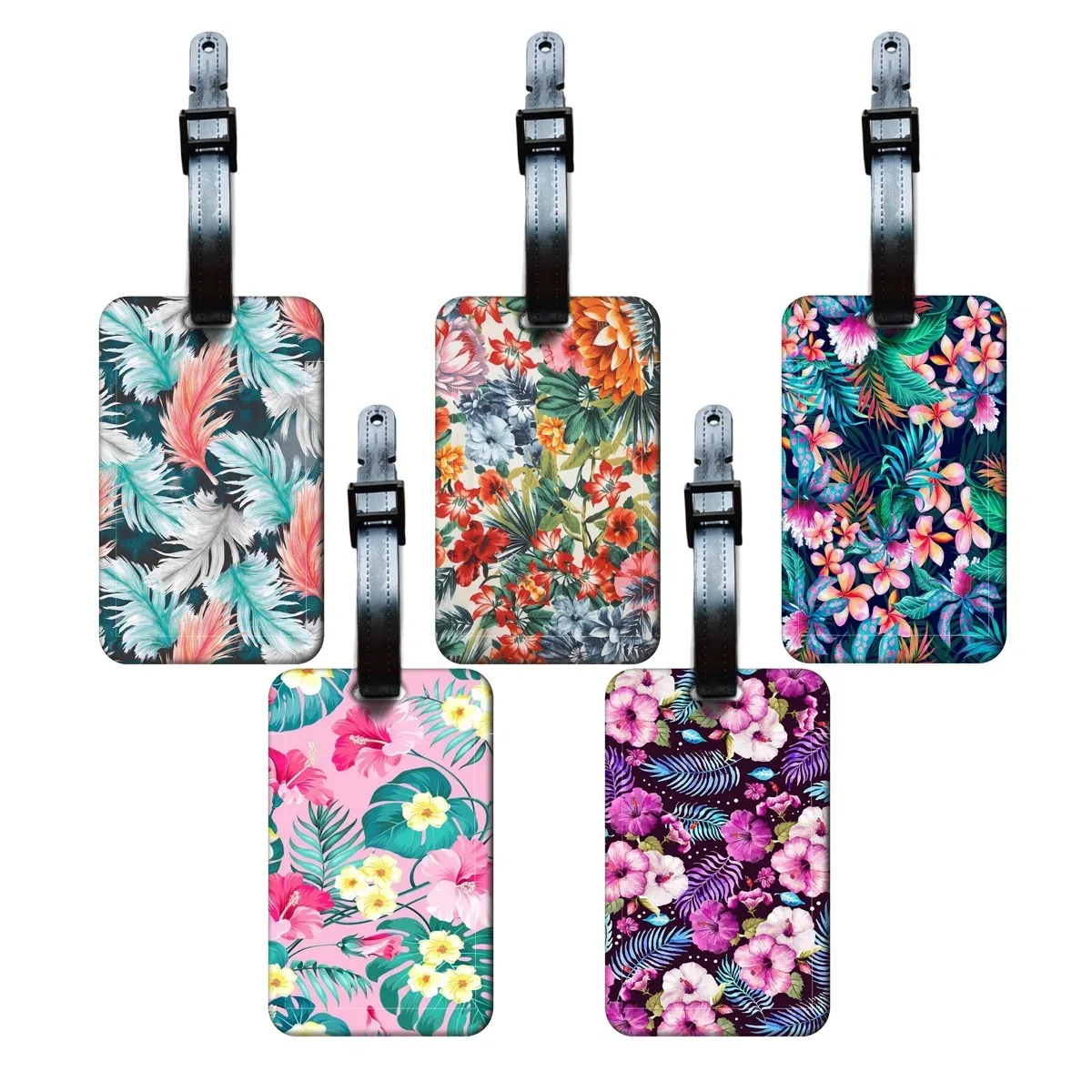 Étiquette de bagage motif fleurs et plantes, plume, pour valise et sac à dos, anti-perte, porte-carte d'identification, accessoires de mode pour bagages, cadeaux