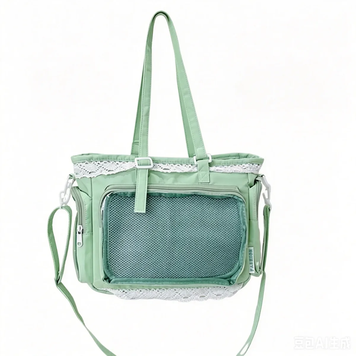 sac fourre-tout ita bag kawaii jaune en dentelle, grande capacité, avec fenêtre transparente pour l'affichage des badges anime, sac à bandoulière lolita mignon pour com