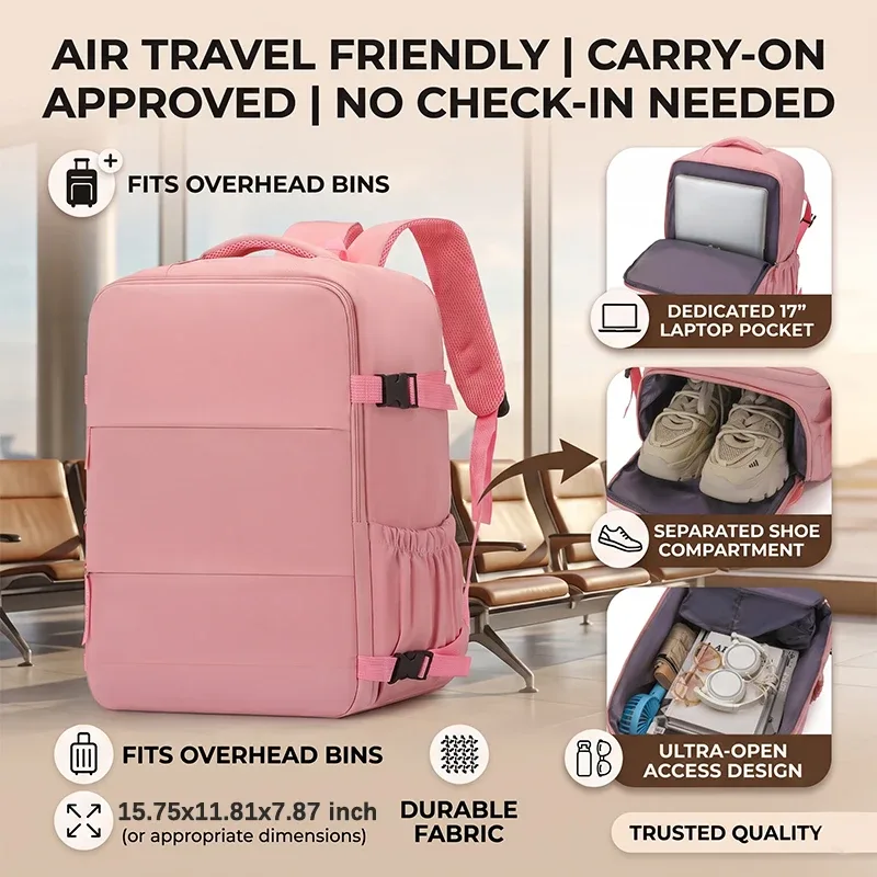 grand sac à dos de voyage pour femme, sac à dos minimaliste de couleur unie avec compartiment séparé pour chaussures et pochette pour ordinateur portable de 17 pouces, br