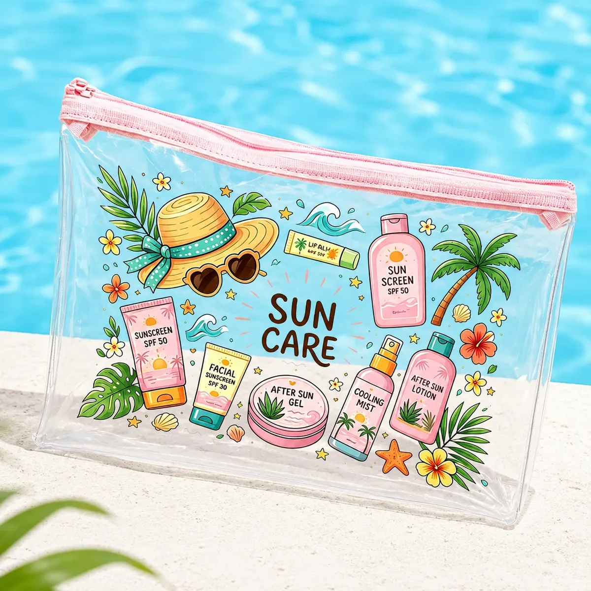 sac de maquillage transparent en pvc pour l'été, organiseur imperméable rose à fermeture éclair pour femmes, plage, piscine, voyage et articles de toilette solaires