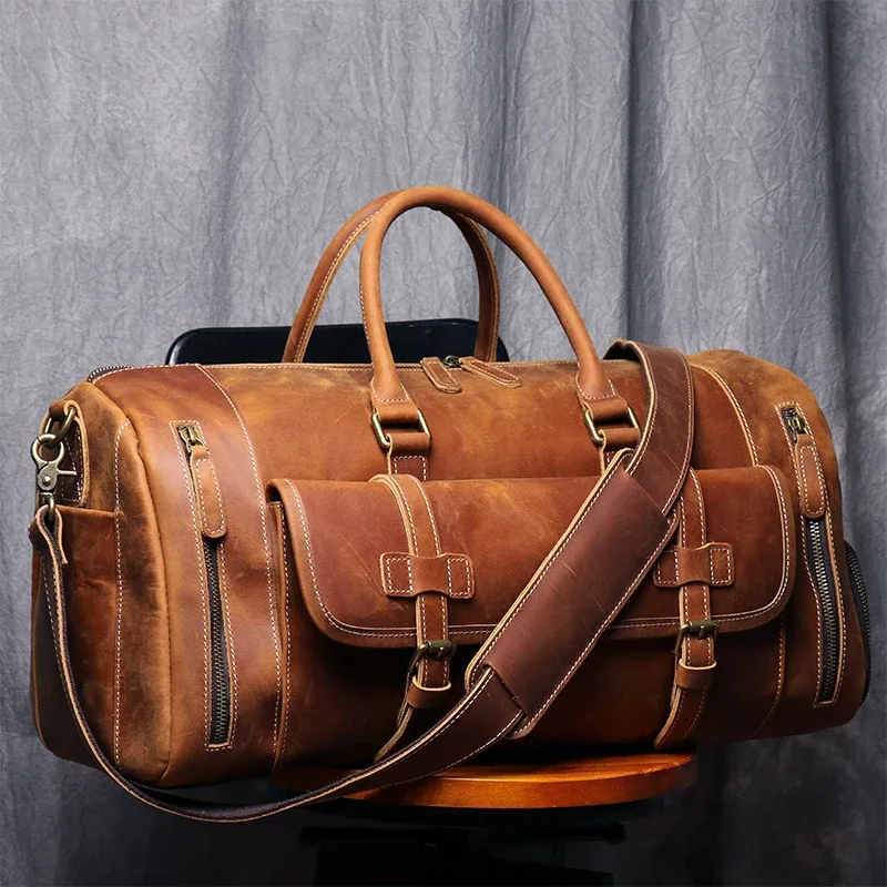 munuki sac de voyage vintage en cuir véritable crazy horse, grand sac à bagages, sac de week-end en cuir pour homme, grand sac fourre-tout m107