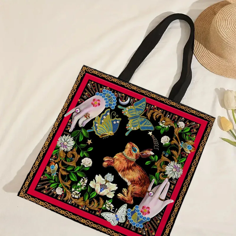 sac fourre-tout en tissu de lin pour femmes, sac de shopping vintage floral lapin dessin animé lapin graphique étudiant sac à main décontracté sac latéral pour dames