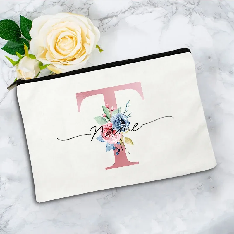 trousse de maquillage personnalisée rose à motifs floraux avec initiale, pochette cosmétique en toile personnalisée, organisateur de voyage pour articles de toilette pour femmes