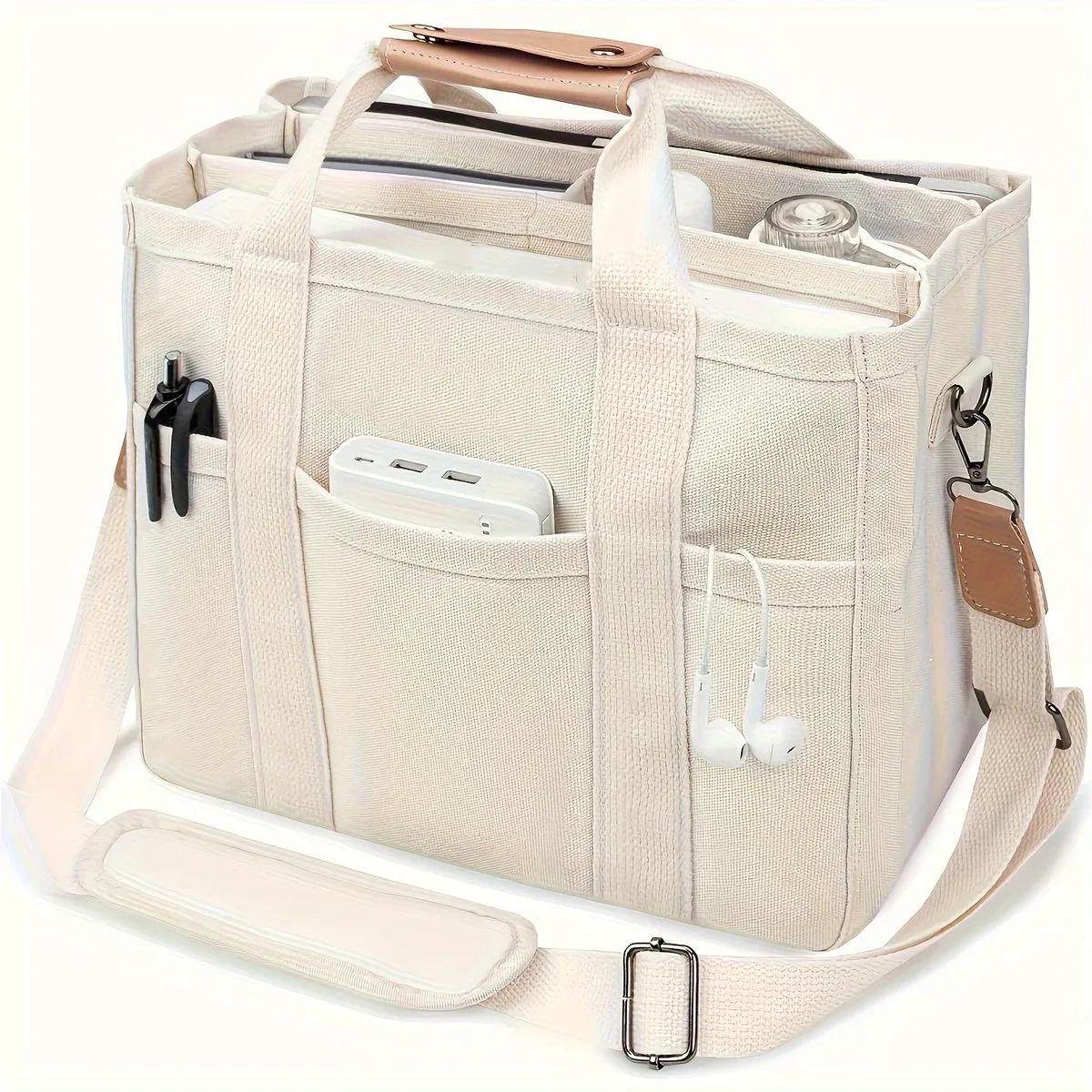 sac à bandoulière multi-poches de grande capacité avec compartiments, design de sac fourre-tout multifonctionnel, poignée robuste, beige