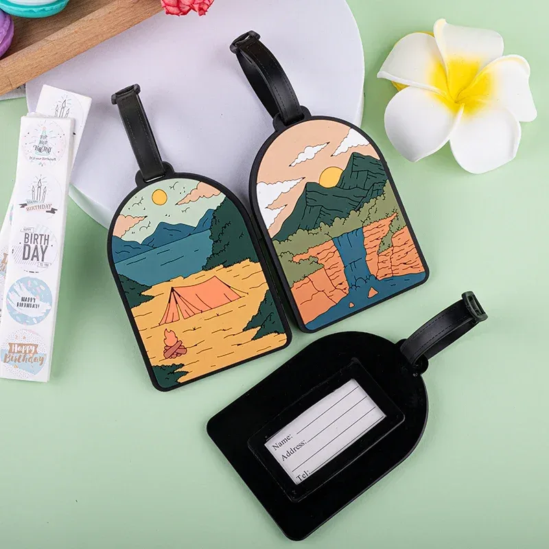 étiquette de bagage en pvc avec paysage de montagne et de nature, pour valise, sac de voyage et sac à dos, accessoire de voyage