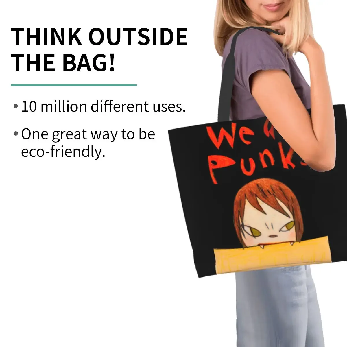 sac à main yoshitomo nara zombie avec logo personnalisé pour femme, we are punks, initié, sac fourre-tout, shopping, question, voyage, livre, 40x50cm
