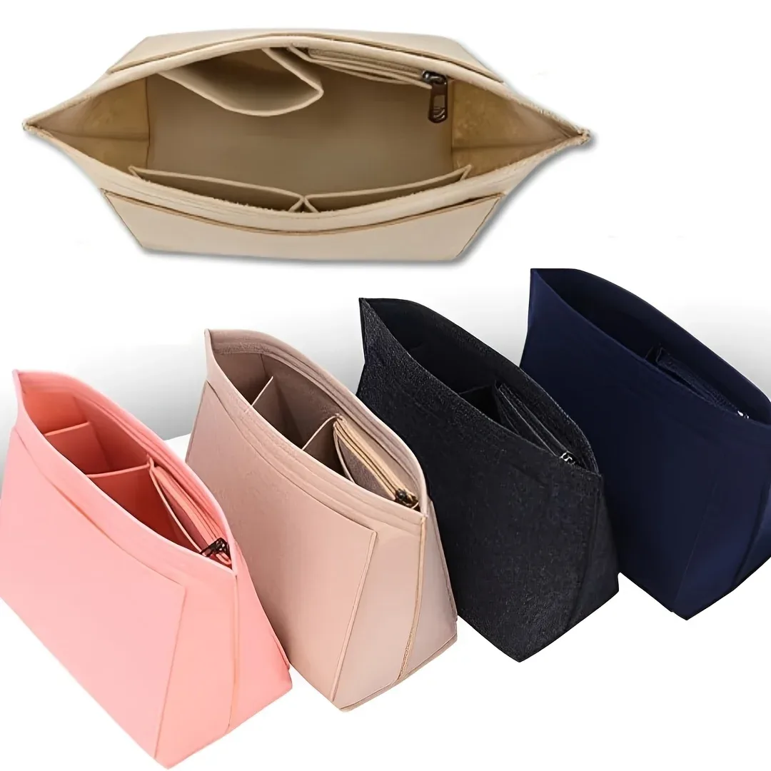 organisateur de sac en feutre en forme de lune avec 7 séparateurs, doublure intérieure pliable pour l'organisation des sacs à main, plusieurs poches de rangement