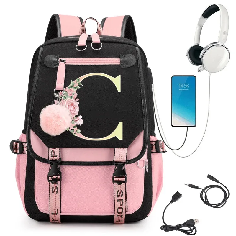 sac à dos rose graphique or imprimé lettre fleur a-z alphabet épaule sac adolescente mode fille sac à dos lycée sacs à dos