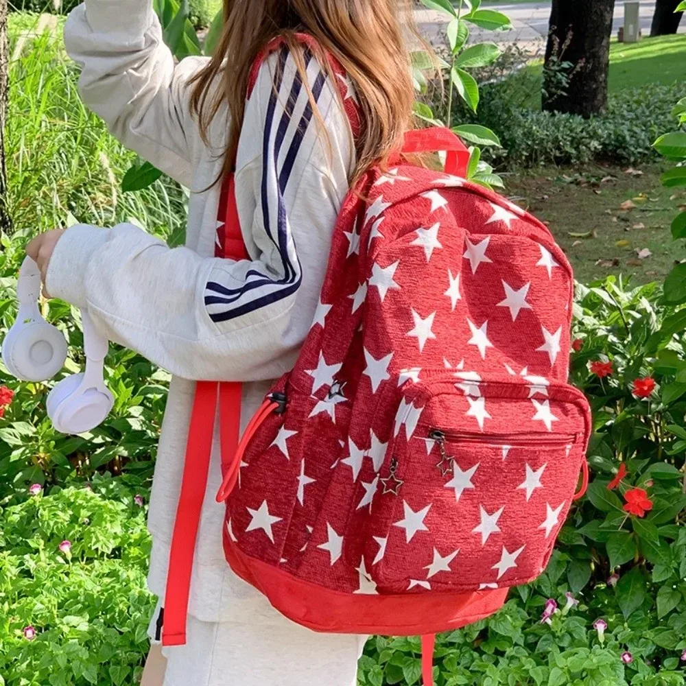 sac à dos à rayures grises de style coréen, multi-poches, léger, imprimé étoiles, bretelles réglables, pour les trajets quotidiens