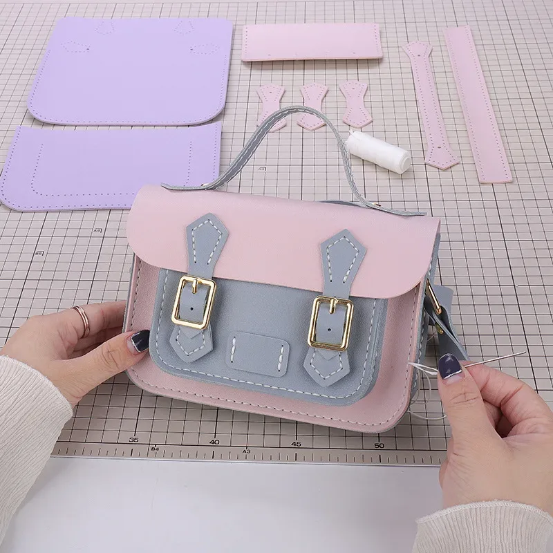 sac cambridge en cuir pu personnalisé, bricolage, couture à la main pour femmes, sac à bandoulière, kit semi-fini coloré
